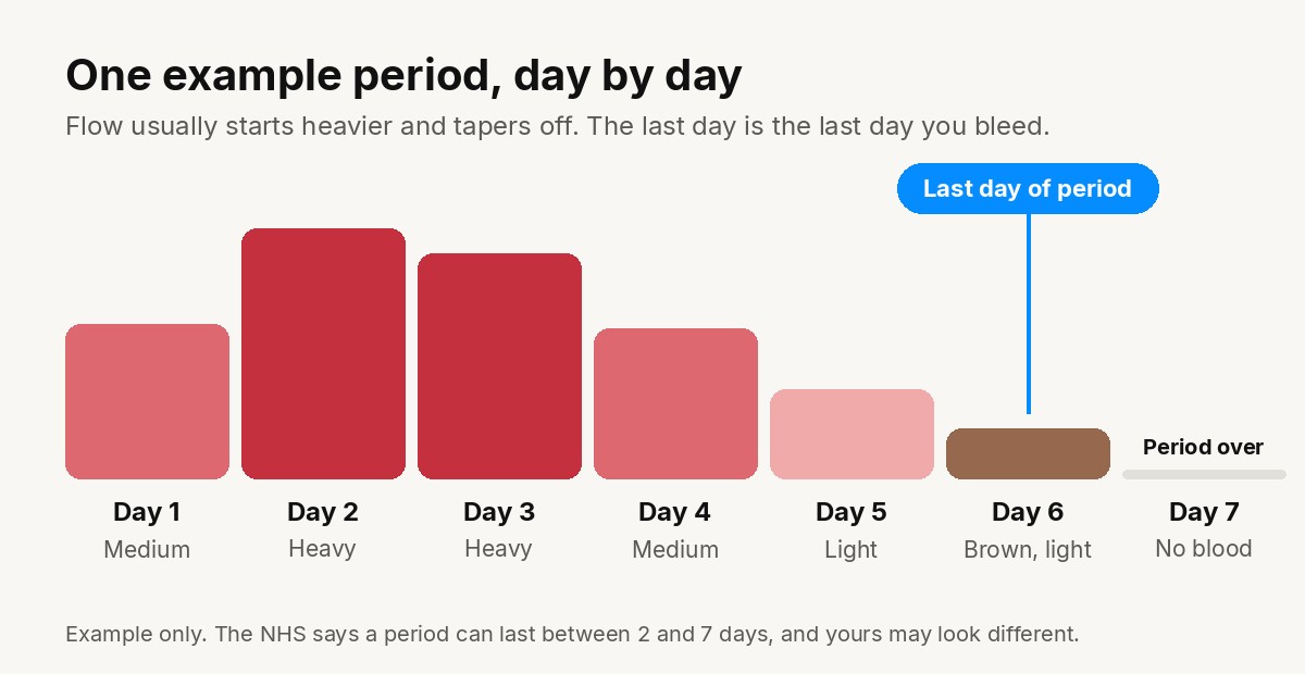 Bar chart of one example period: day 1 medium, day 2 heavy, day 3 heavy, day 4 medium, day 5 light, day 6 brown and light marked as the last day of the period, day 7 no blood and period over.