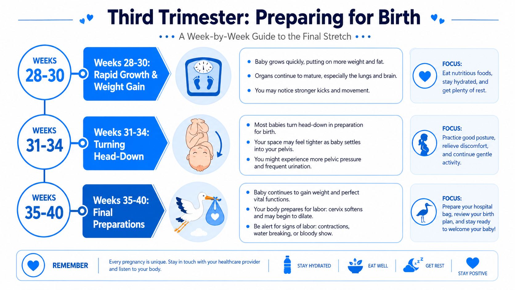 An infographic titled Third Trimester: Preparing for Birth, outlining key developmental milestones from weeks 28 to 40.